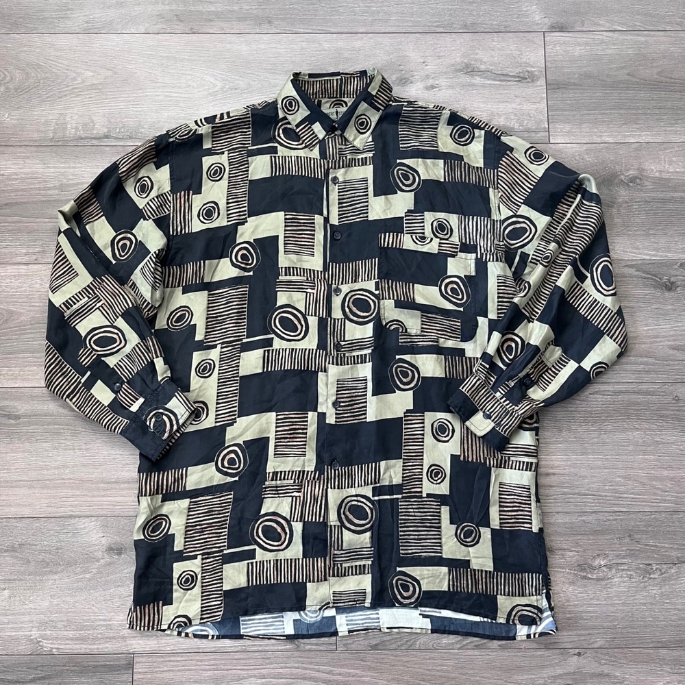 VTG Robert Stock Mens Silk Abstract Geometric Button Down Shirt Black Olive L